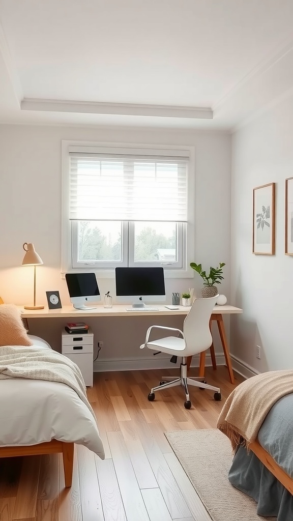 Clean bedroom with an integrated workspace featuring two monitors, a comfortable chair, and natural light coming through the window.