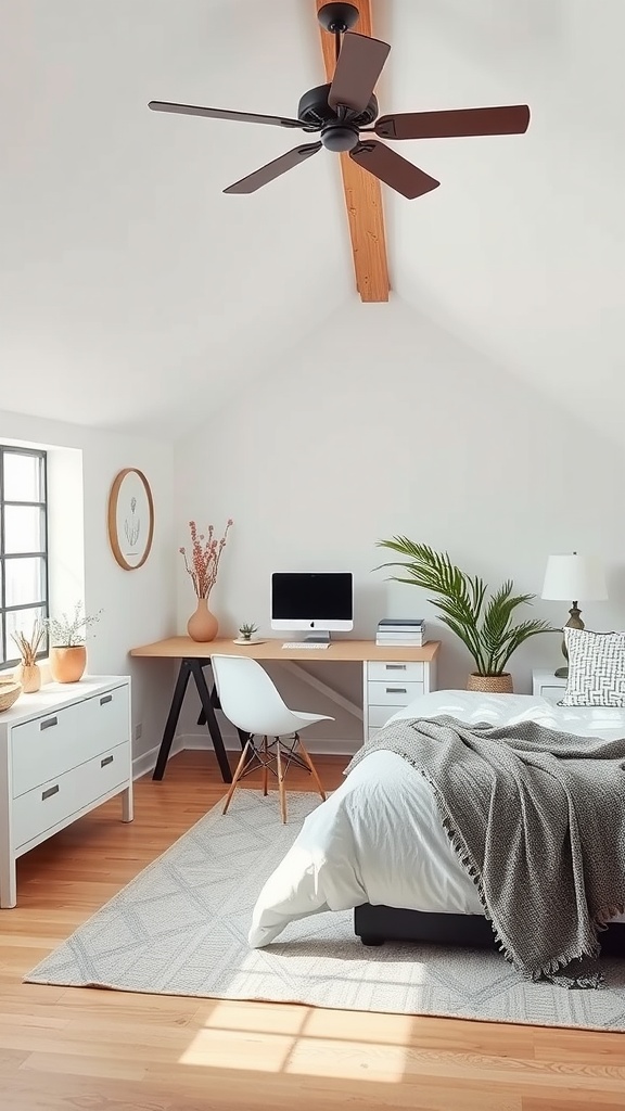 A bright bedroom with a sloped ceiling featuring a bed, a workspace with a desk and computer, and decorative plants.