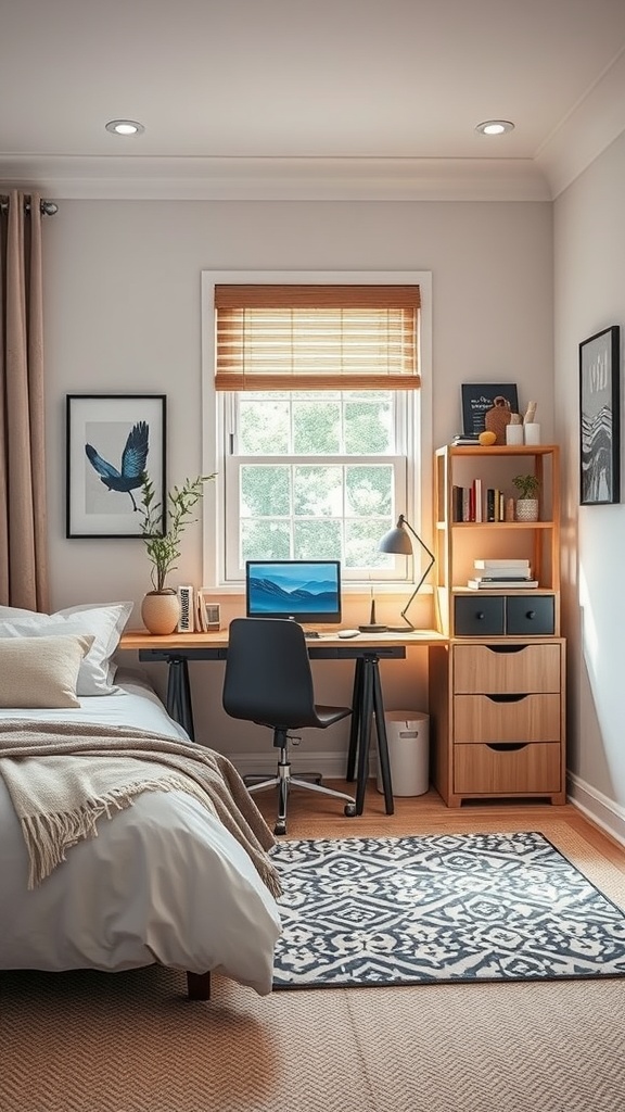A cozy bedroom featuring a functional workspace with a desk, computer, and decorative elements.