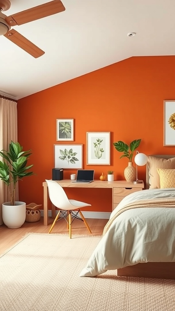 A cozy bedroom with a burnt orange wall featuring a functional workspace nook with a desk, laptop, and plants.