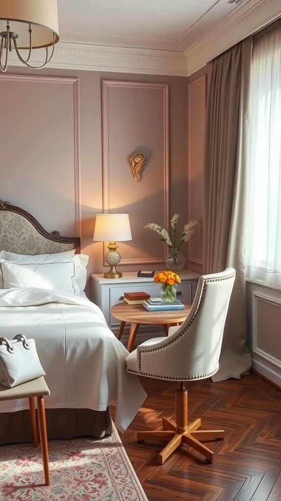 A cozy bedroom workspace featuring a stylish chair, small table with flowers and books, and warm lighting.