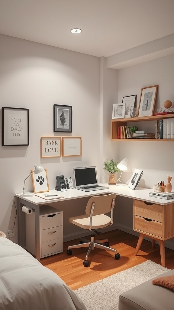 A cozy bedroom workspace with a desk, chair, laptop, and decorative elements.