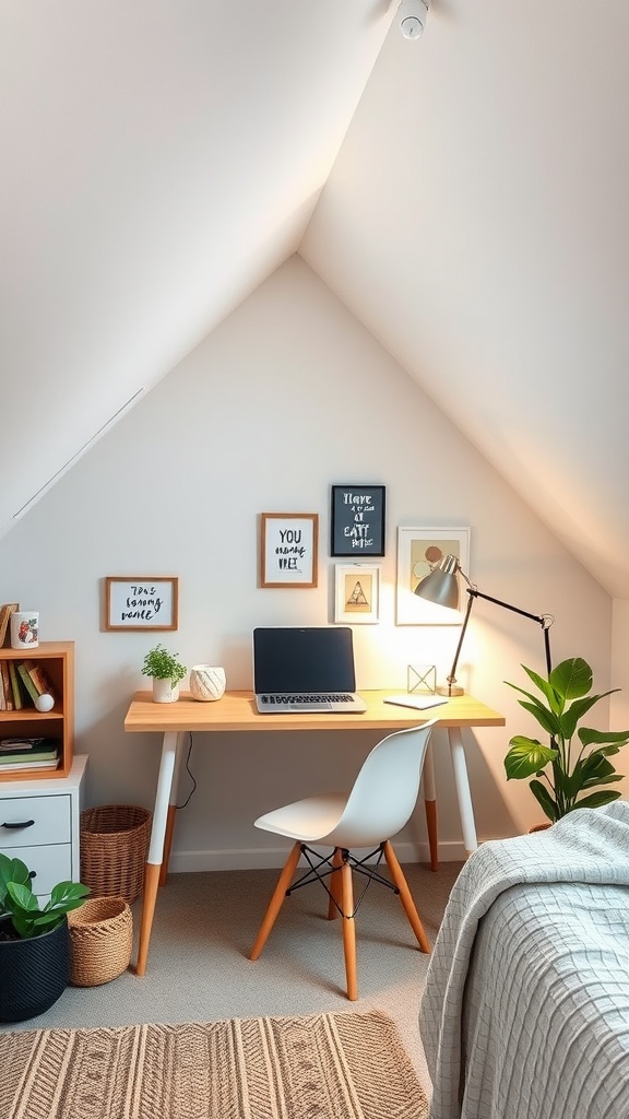 A cozy workspace in an attic with a wooden desk, modern chair, and decorative wall art.