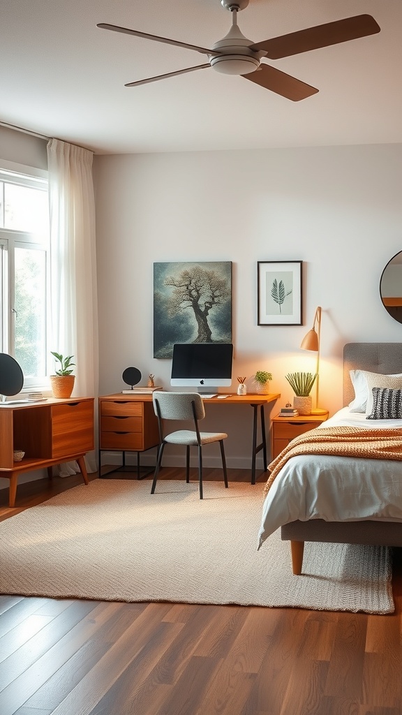 Mid-century modern bedroom with an integrated workspace featuring a desk, computer, and stylish decor.