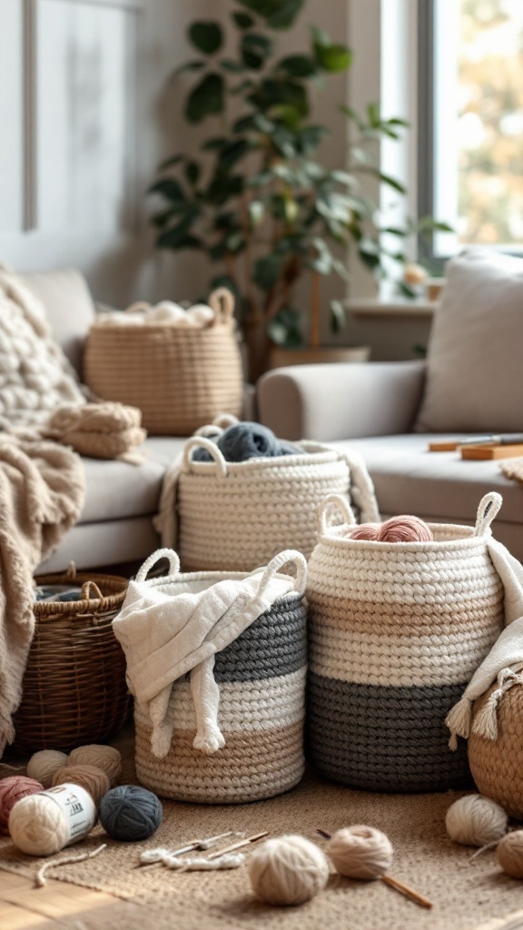 Cozy living room with functional crochet storage baskets for organizing yarn and supplies.