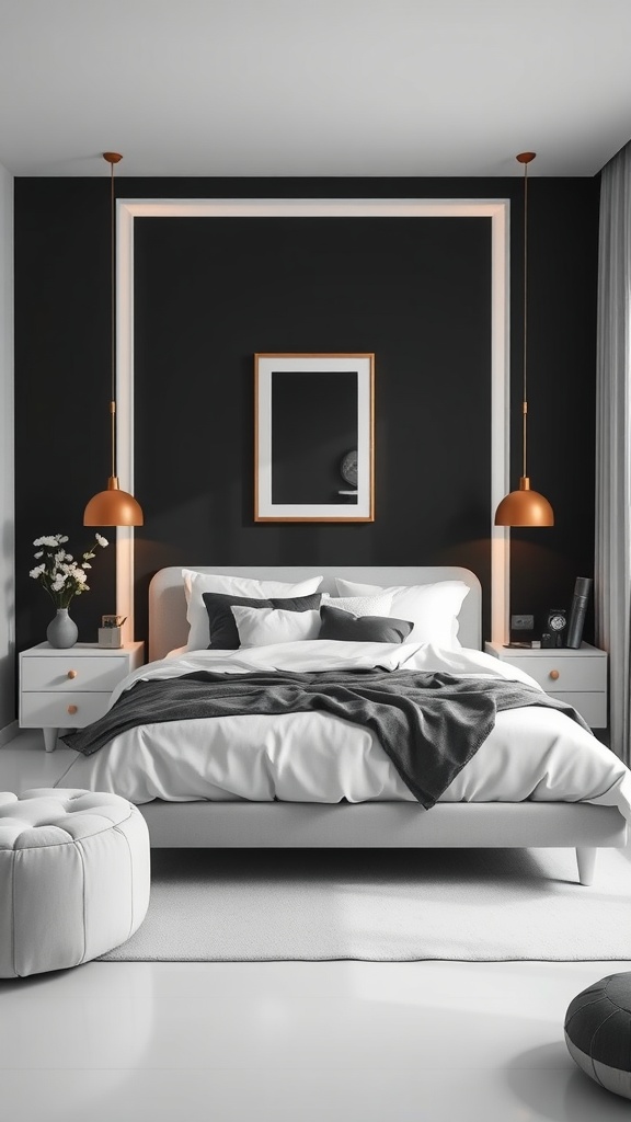 Monochrome bedroom with dark walls, white bedding, and stylish lighting