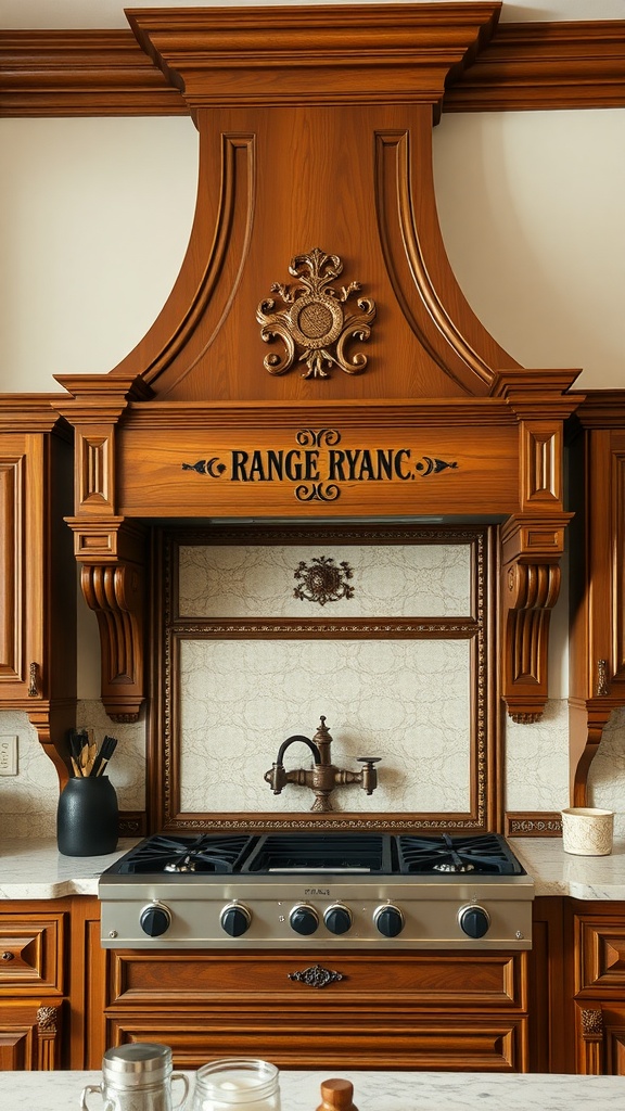 Decorative wooden range hood in a Victorian kitchen with intricate details and warm tones.