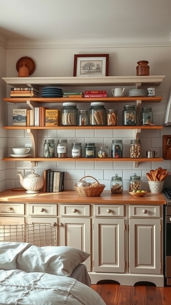 A Victorian kitchen with open shelving displaying jars, books, and dishes.