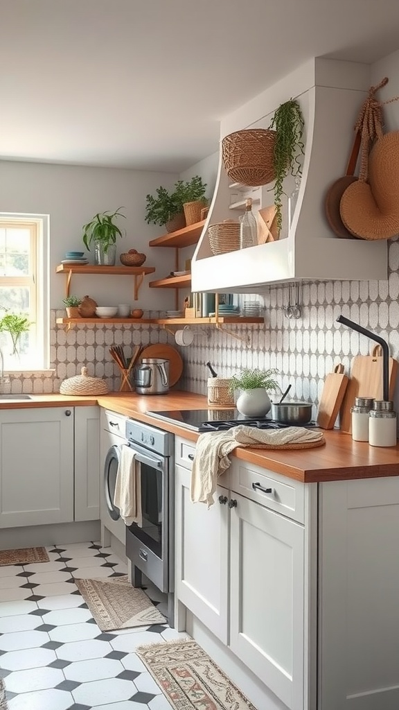 A stylish boho kitchen with wood countertops, open shelves, and patterned flooring.