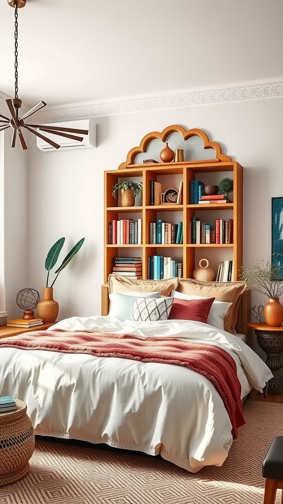 A Moroccan-inspired bedroom featuring a stylish, functional bookcase with an arch design, holding books and decorative items.