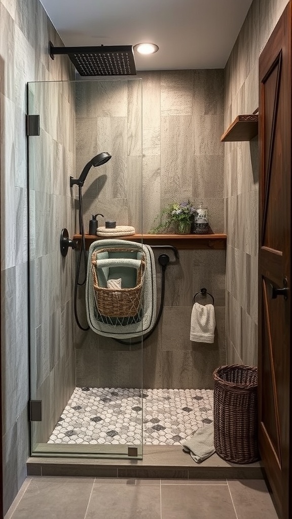 A rustic walk-in shower featuring glass enclosure, textured wall tiles, and stylish storage solutions.