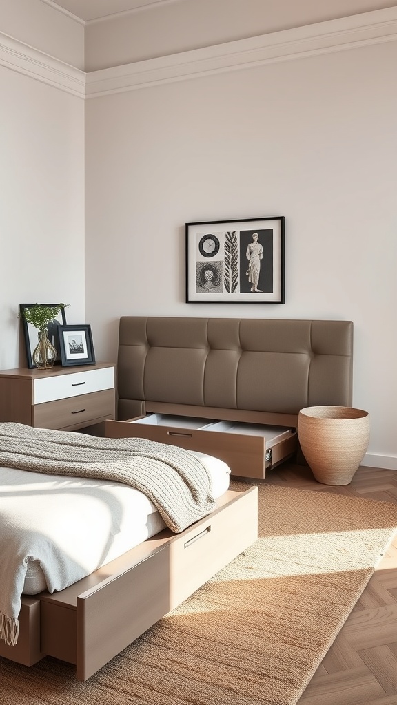 A chic mom bedroom featuring a stylish bed with an upholstered headboard, a nightstand, and decorative elements.