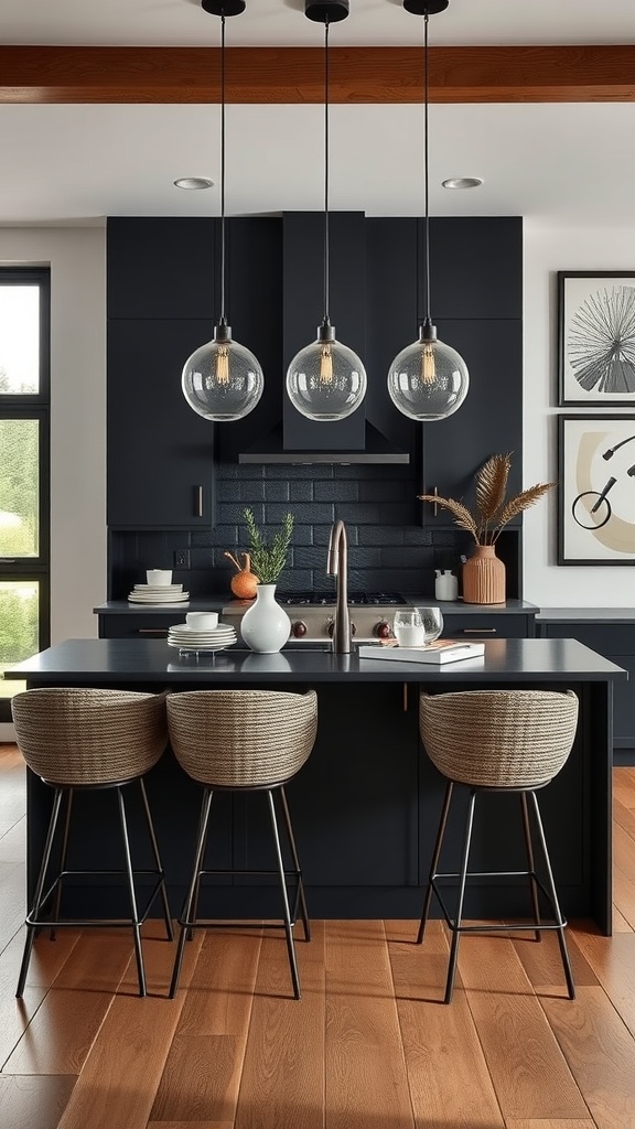 A modern kitchen featuring a dark island with pendant lights and woven bar stools.