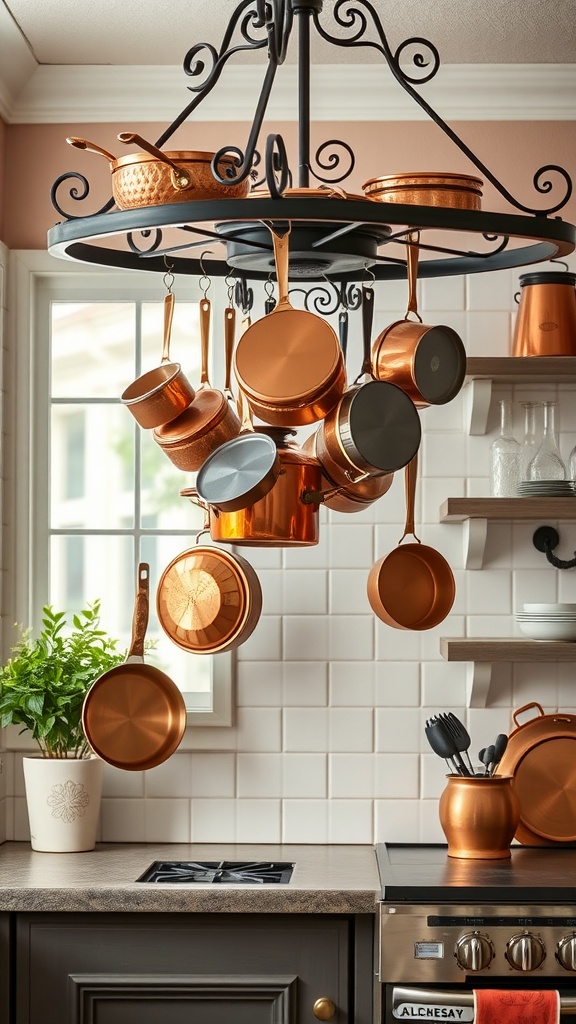 Victorian-style pot rack with copper pots hanging in a kitchen