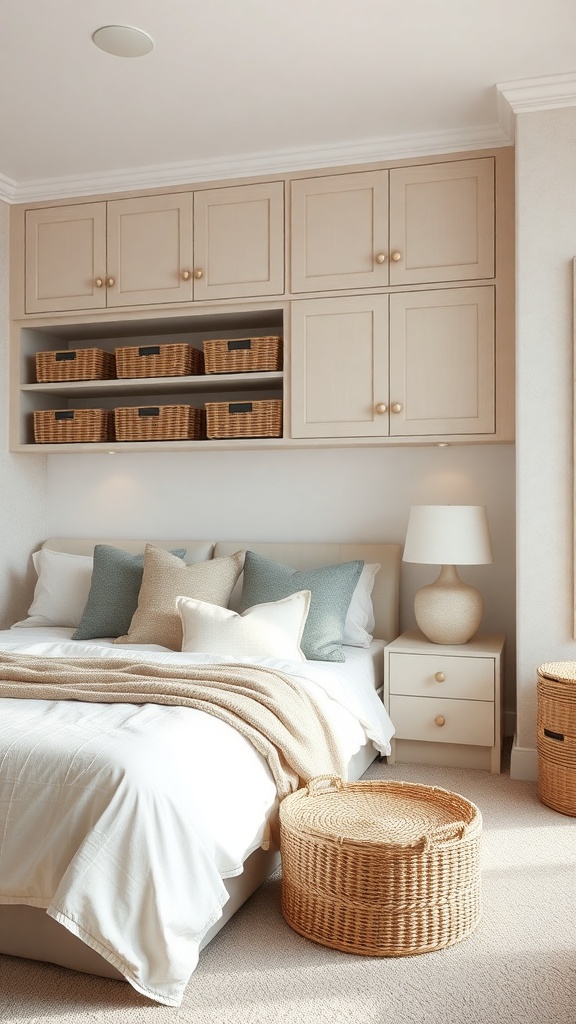 A neutral bedroom featuring stylish storage solutions with built-in cabinets and woven baskets.