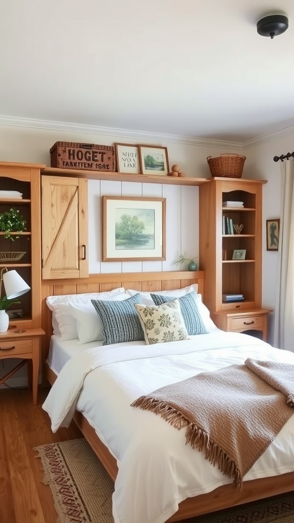 A cozy farmhouse bedroom featuring wooden furniture, built-in shelves, and warm decorative elements.