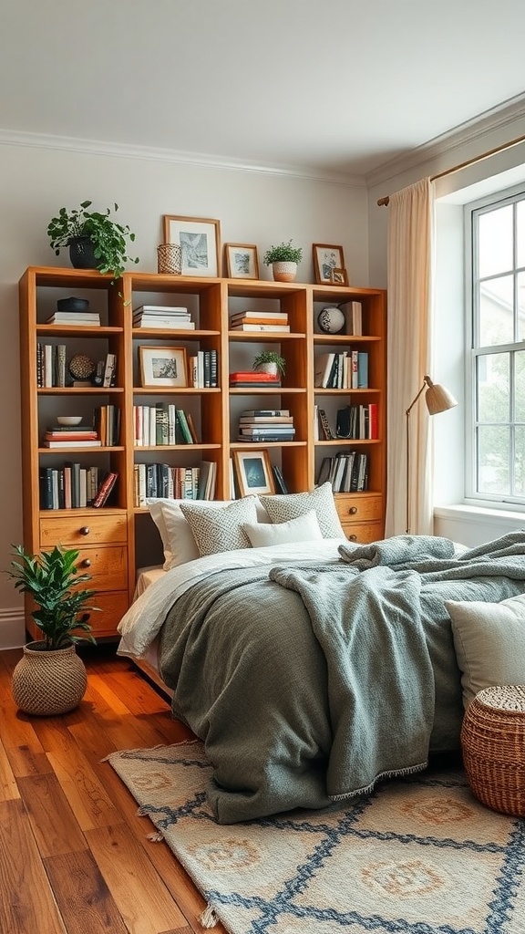Cozy bedroom with wooden shelving, a reading nook, and stylish storage solutions.