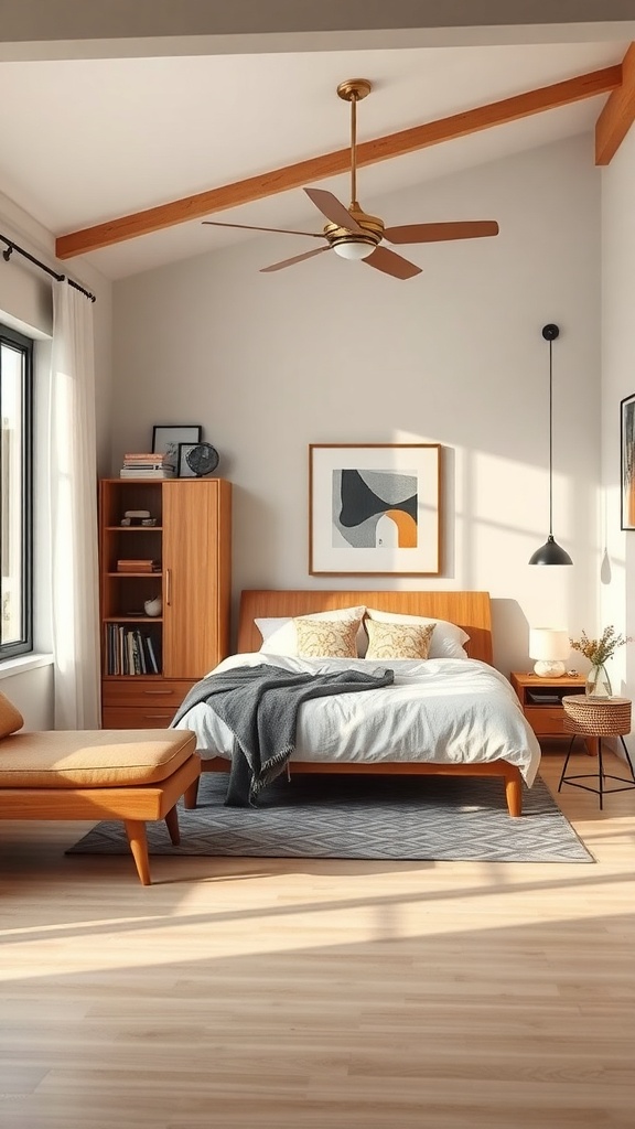 A mid-century modern bedroom featuring wooden furniture, a cozy bed, and stylish storage solutions.