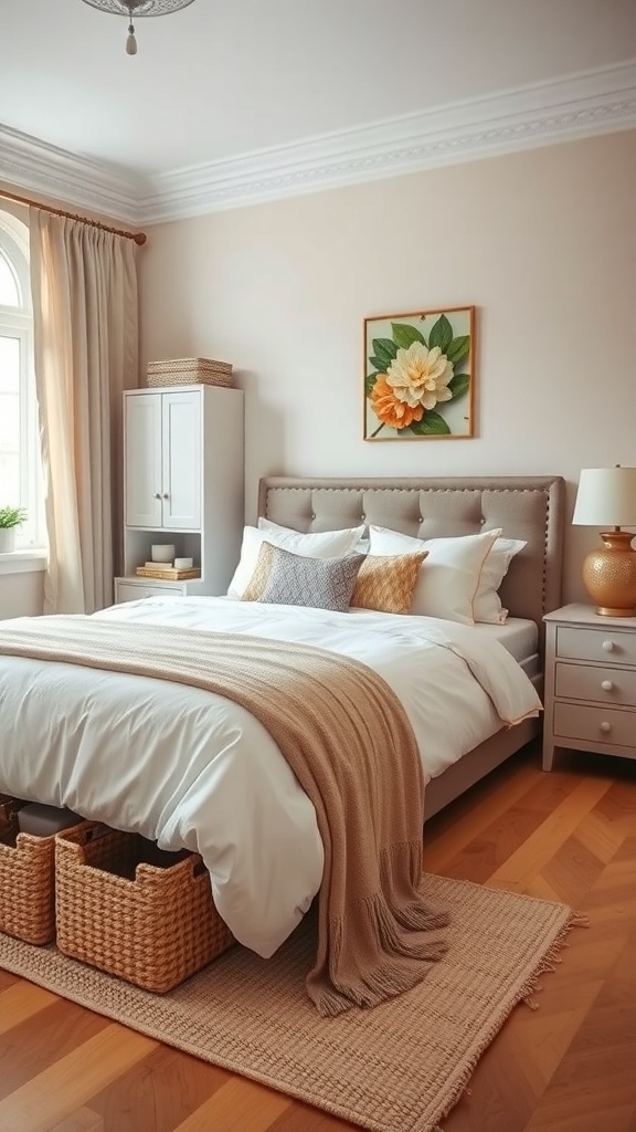 A cozy maximalist bedroom featuring a bed with soft linens, woven baskets for storage, and a stylish nightstand.