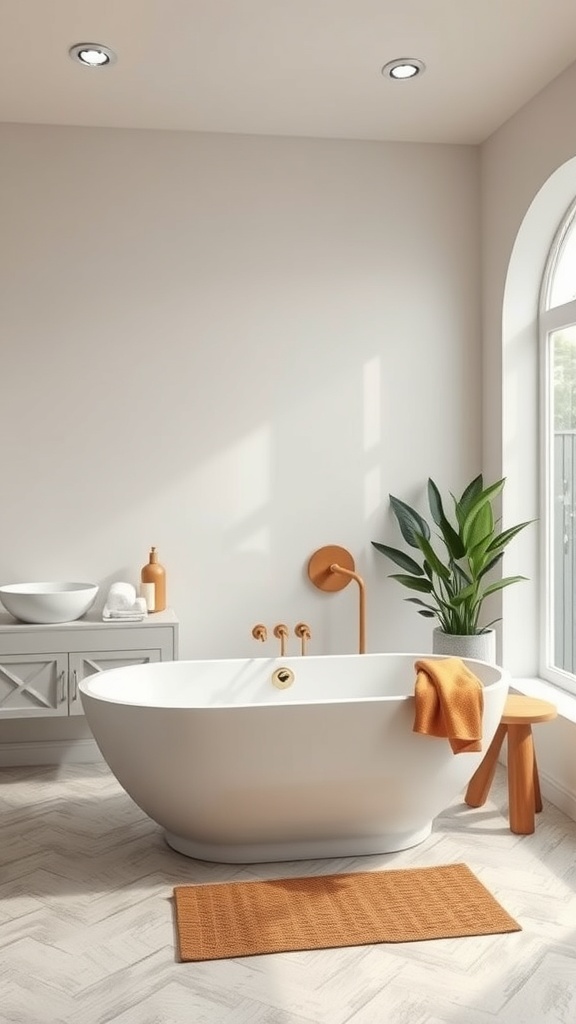 A modern bathroom featuring a sleek white freestanding bathtub, orange accents, and a plant, creating a stylish and inviting atmosphere.