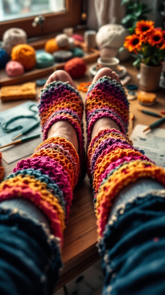 Colorful crochet leg warmers on a person's legs with crafting supplies in the background.