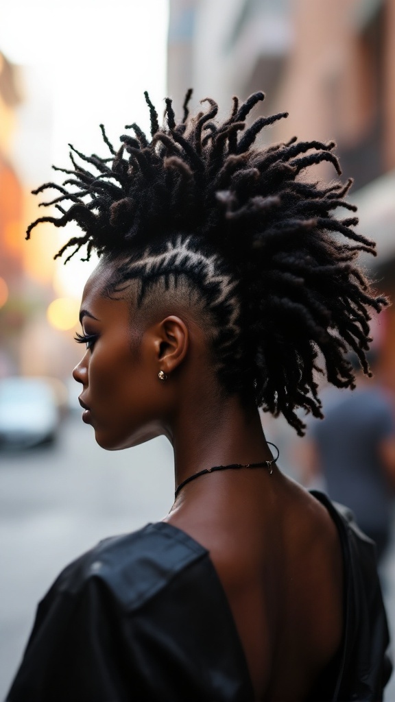 A woman with a funky crochet mohawk hairstyle, showcasing spiky curls and shaved sides, standing outdoors.