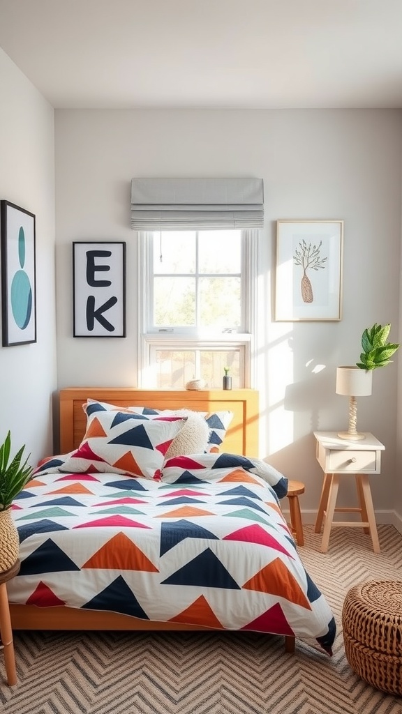 A kid's bedroom featuring funky geometric patterns with a colorful triangle quilt and stylish decor.
