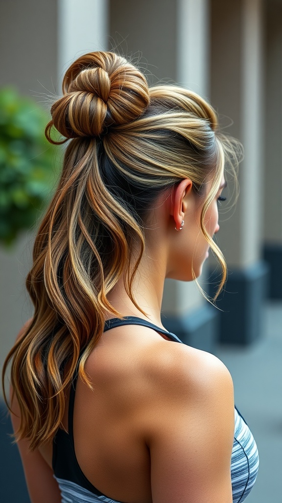 A woman with a funky half-up top knot hairstyle, showcasing flowing hair and warm highlights.