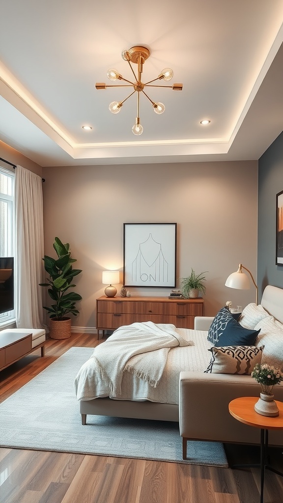 Stylish living room featuring a modern starburst chandelier and cozy decor.