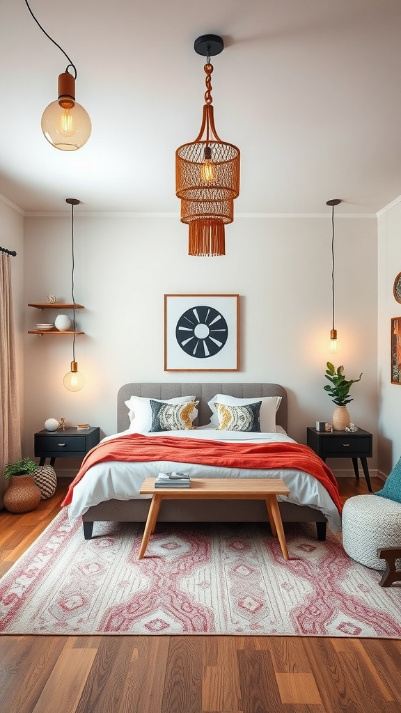 A boho bedroom featuring unique lighting fixtures, including a woven pendant light and hanging bulbs.