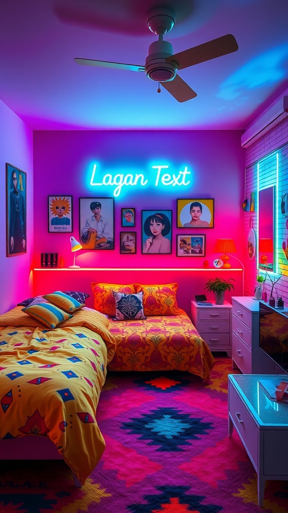 A stylish teen bedroom featuring neon lights, colorful bedding, and vibrant decor.