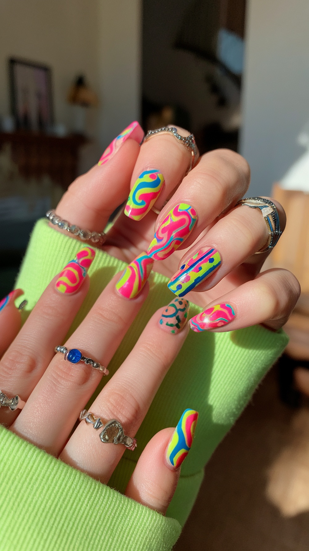 Colorful neon patterned nails with rings on fingers