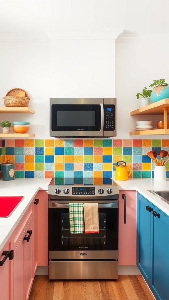 A colorful kitchen with a vibrant peel-and-stick backsplash behind the stove.