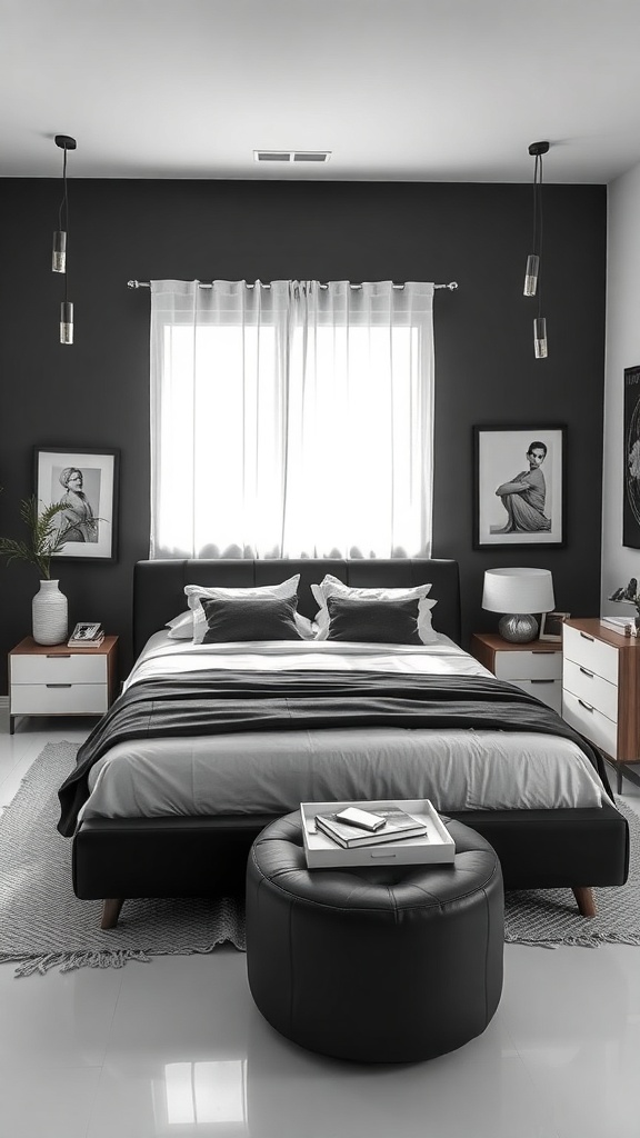 A monochrome bedroom featuring a black bed frame, gray bedding, wooden nightstands, and a black ottoman.