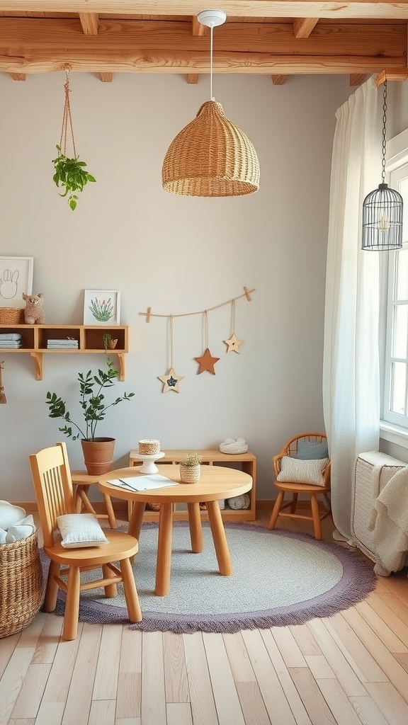 A cozy Montessori toddler room featuring small wooden furniture, a round table, and a soft rug