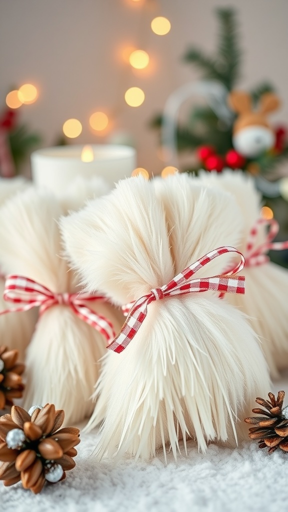 Furry winter blanket favors tied with red and white ribbons, placed with pinecones and a cozy background.