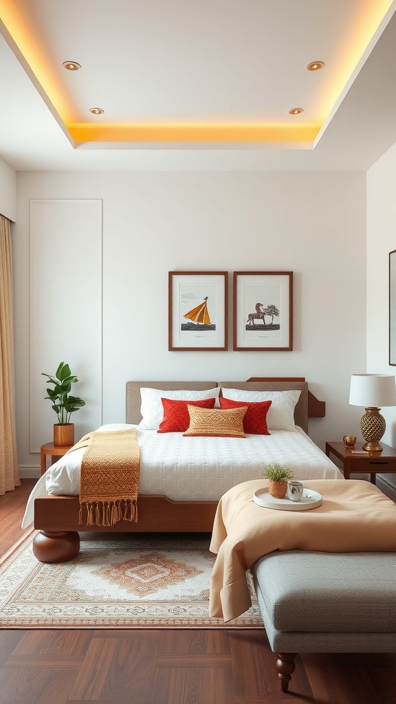 A modern Indian bedroom featuring a blend of traditional and contemporary decor with warm colors, wooden furniture, and artistic elements.