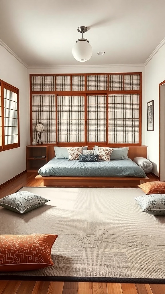 A cozy Korean bedroom featuring a low bed with soft pillows and floor seating.