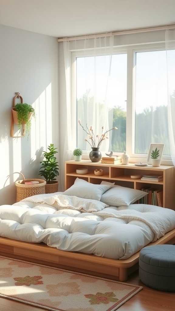 A bright and airy room featuring a floor bed with soft bedding, a shelf with decor, and plants by the window.