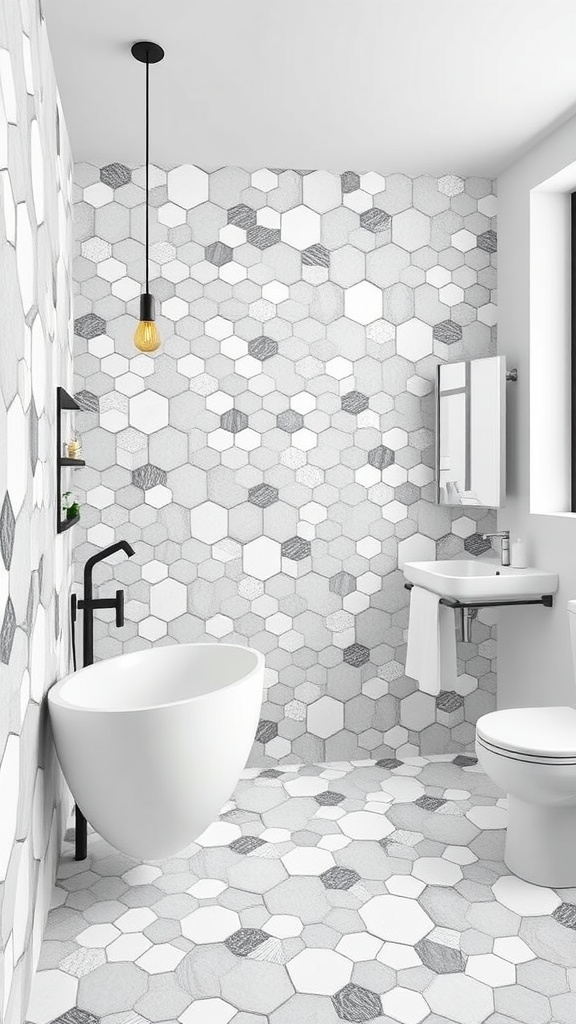A modern bathroom featuring hexagon tiles in white and gray with a minimalist design.