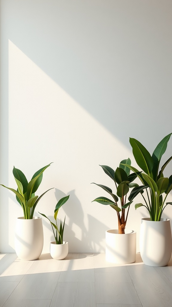 A variety of tall house plants in white pots, positioned in a sunlit room, showcasing modern decor.