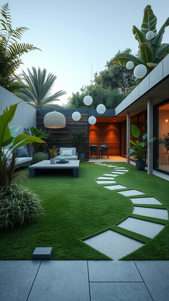 A stylish backyard featuring lush turf, a stone pathway, and tropical plants, with hanging lights creating a cozy atmosphere.