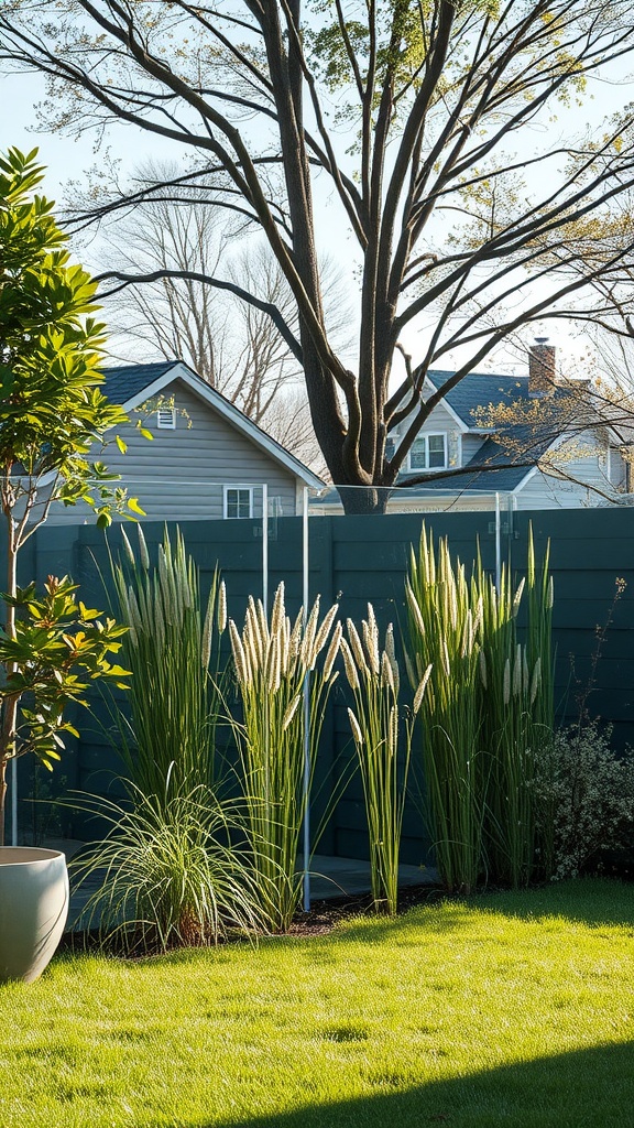 Backyard with clear glass panels, lush green grass, and decorative plants.