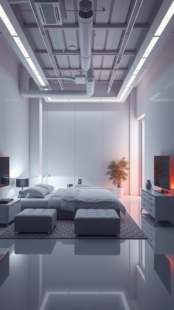 A sleek and minimalist loft bedroom featuring a bed, modern furniture, and ambient lighting.
