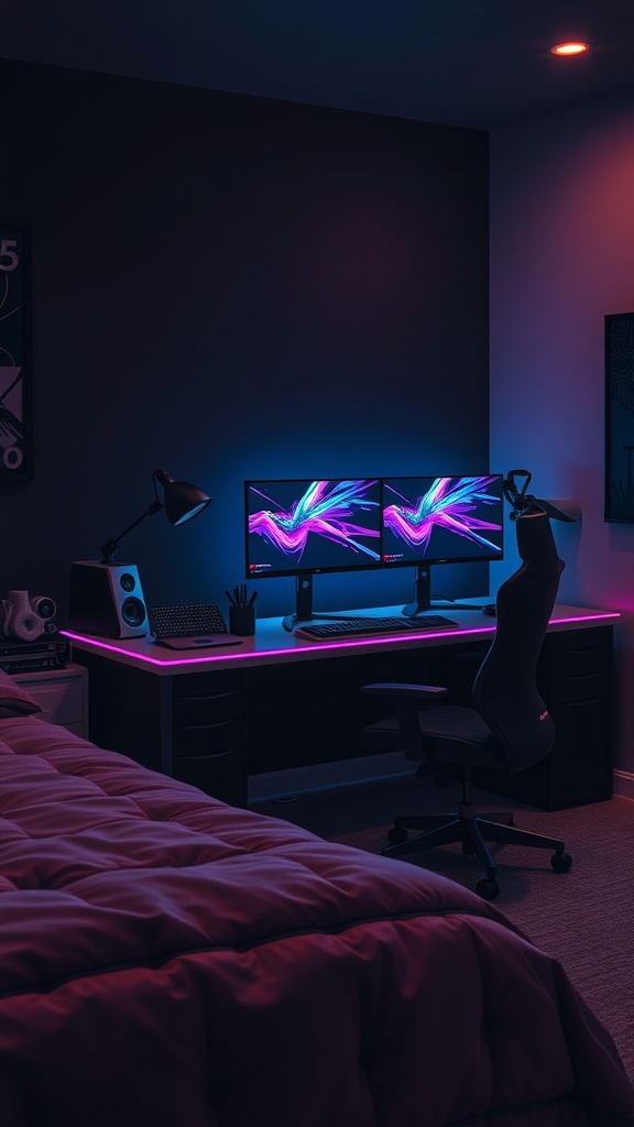 A futuristic gaming setup featuring dual monitors, a stylish chair, and ambient lighting.