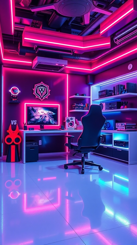 A futuristic gaming setup featuring neon lights in a stylish room