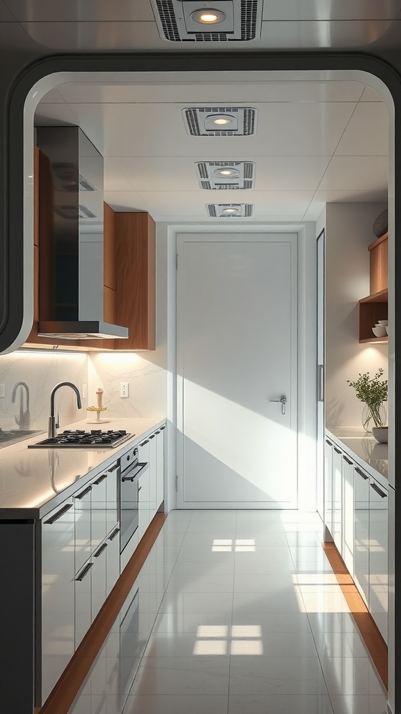 A modern kitchen featuring a sleek pass-through with smart appliances and ample natural light.