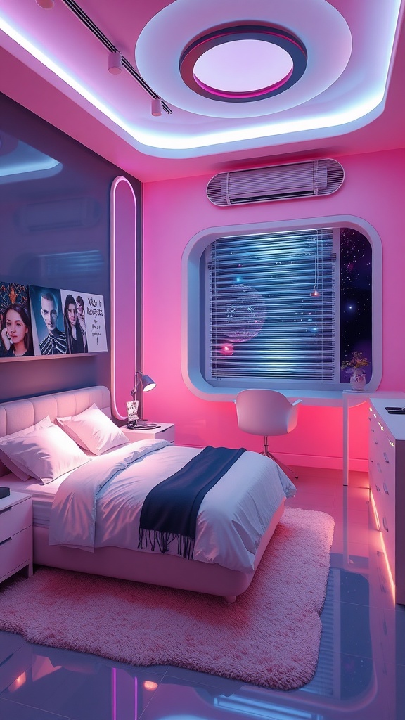 Futuristic bedroom design featuring pink and blue lighting, sleek furniture, and a cosmic view from the window.