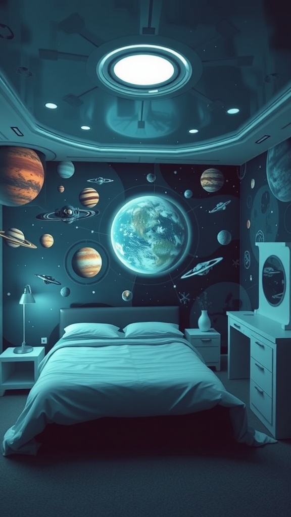 A bedroom featuring a wall painting of a futuristic space theme with planets and stars.