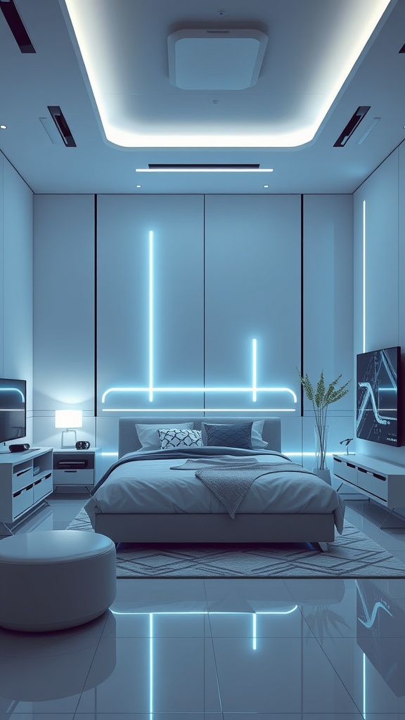 A futuristic bedroom with blue LED lights, sleek furniture, and a glossy floor.